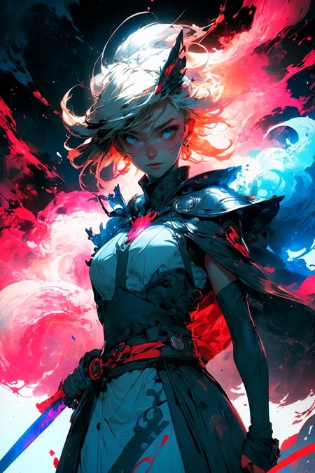 Saber1girl, In hand huge flame great swordwhite blue dressBlue capeBlue bowgorgeous armorplatinum blonde hair
A shot with tension(sky glows red,Visual impact,giving the poster a dynamic and visually striking appearance:1.2),
<lora:~Q?-Saber:0.8>
<lora:more_details:0.4>
 <lora:Cosmic anime-oil fusion v2:0.45> 
<lora:AnimeVibesV3:0.3> animevibes, 
<lora:3DMM_V11:0.5> 3DMM 
<lora:midjourney_20230624181825:0.7> midjourney ,
 <lora:LAS:0.5> cloud,colorful,
<lora:msw_locon-t2:0.6>
 <lora:wuxia2:0.6> gu,
 <lora:CyberpunkStyleV1:0.2> PunkAI ,
<lora:CatgirlMaidV1.0-000003:0.35> CatgirlMaid, shiny, shiny hair, shiny skin, shiny clothes