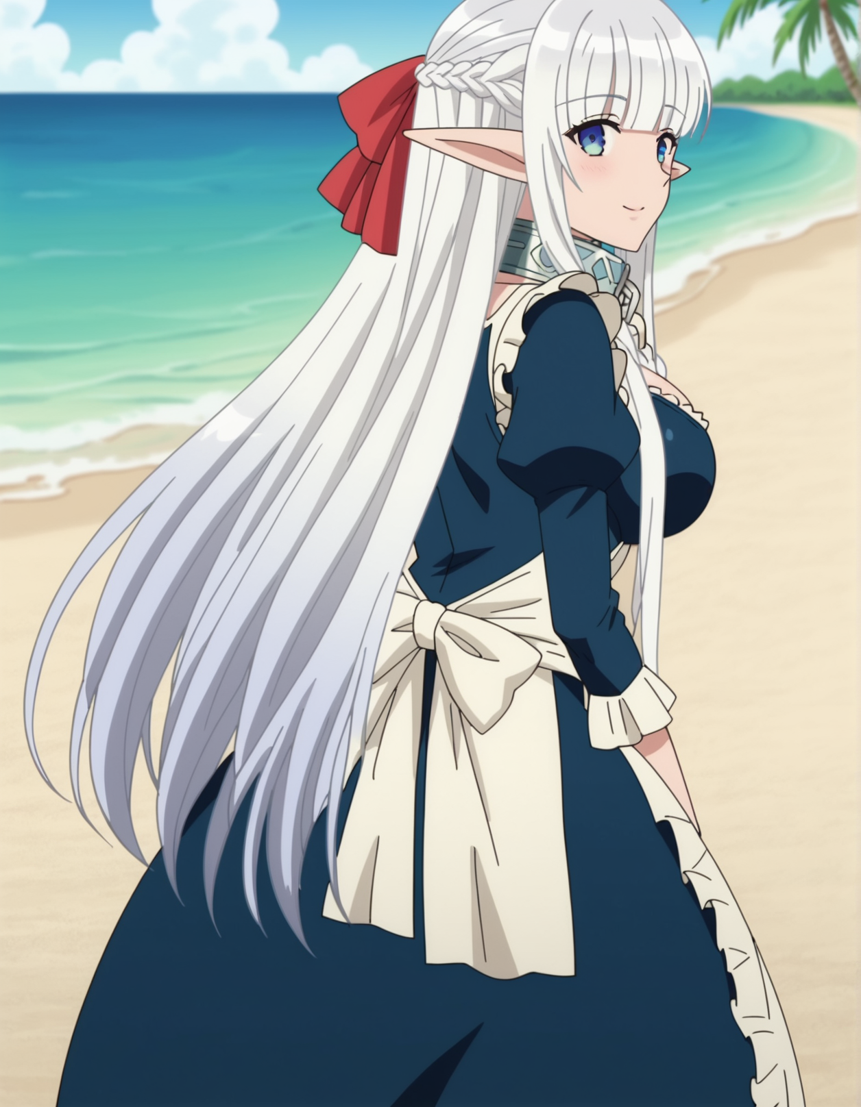 1girl, anime screencap, <lora:VexVexX_Nephelia_PONYXL:1>, Nephelia, white hair, very long hair, braid, blunt bangs, blue eyes, pointy ears, elf, hair bow, metal collar, medium large breasts, deep skin, skindentation, seductive smile, detailed skin, glossy skin, blue dress, maid, maid apron, long sleeves, puffy sleeves, cowboy shot, from behind, standing, legs together, thighs together, looking back, looking at viewer, outside, beach, ocean, palm trees,