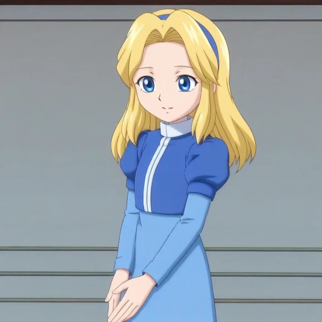 parted hair, blue hairband, exposed legs, white collar, short puffy sleeves, small blue jacket, long blonde hair, 1girl, blue eyes, Maria, blue slippers, blue long sleeve dress