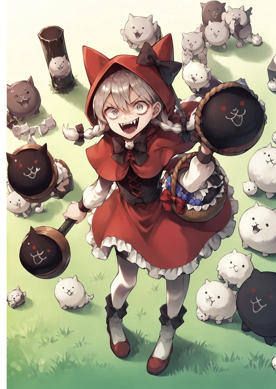core_9, score_8_up, score_7_up, score_6_up, score_5_up, score_4_up,  <lora:Codename_Red_Riding_Mina_-_The_Battle_Cats:1> cnrrmina, 1girl, open mouth, animal ears, weapon, braid, hood, twin braids, fangs, basket, little red riding hood (grimm), evil smile, BREAK source_anime