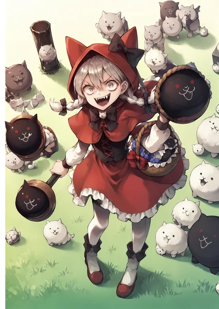 core_9, score_8_up, score_7_up, score_6_up, score_5_up, score_4_up, <lora:Codename_Red_Riding_Mina_-_The_Battle_Cats:1> cnrrmina, 1girl, open mouth, animal ears, weapon, braid, hood, twin braids, fangs, basket, little red riding hood (grimm), evil smile, BREAK source_anime