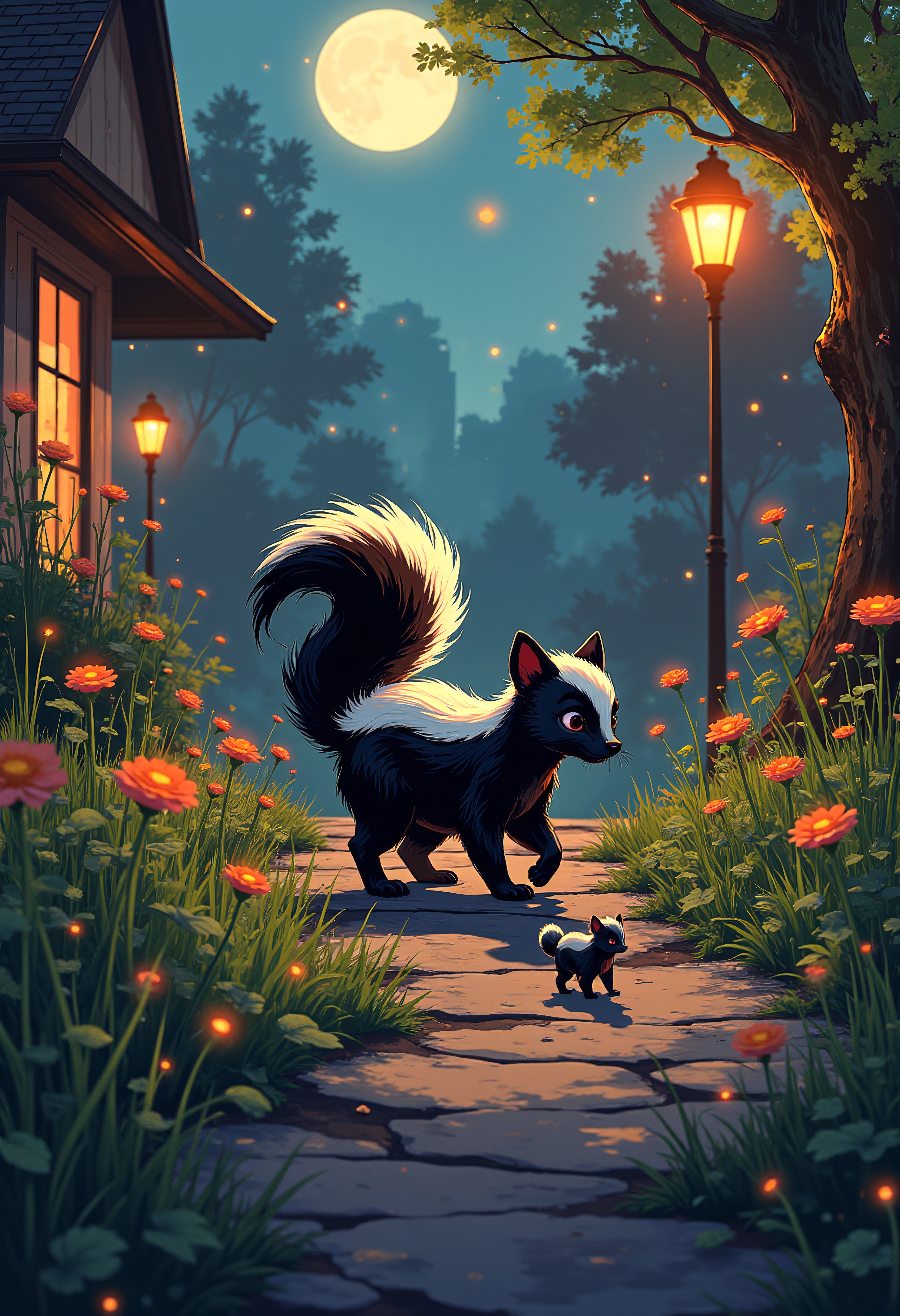 Cartoon style, A Skunk and her babies walking through a suburban garden, brightly lit scene, colorful, vibrant glow, extreme details, dramatic lighting