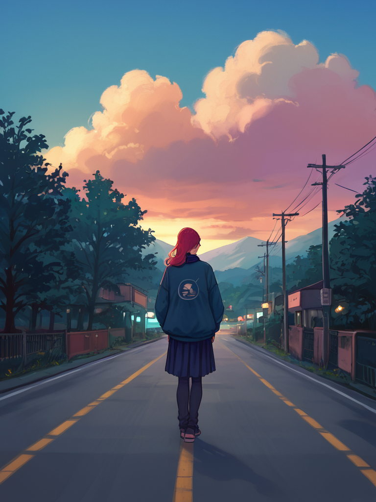 PDXL,  <lora:WaccaV1:1>, w4cc4, volumetric reflections, volumetric shadows, HDR, shot on Canon DSLR,
1girl, standing on a road, colorful tornado in the distance,  night sky, blue, viewed from behind