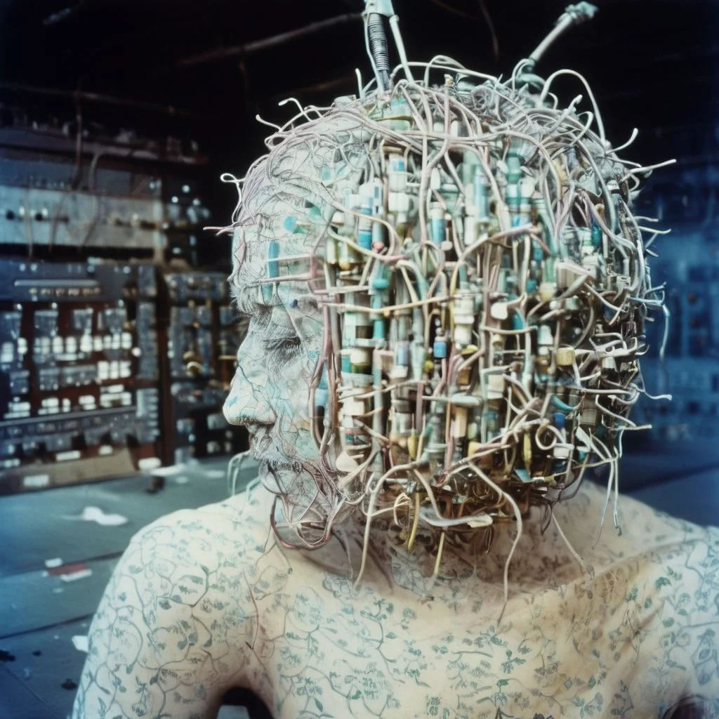 a cinematic still color photograph, from the dream of an android-human-replica, who working tirelessly ,creates a machine that makes copies of human dreams, bio-computer configured with biologically plausible biogenic circuits, brazilian tropicalia retrofuturism,
cursed image, thinking plague