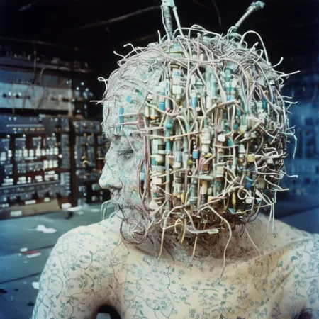 a cinematic still color photograph, from the dream of an android-human-replica, who working tirelessly ,creates a machine that makes copies of human dreams, bio-computer configured with biologically plausible biogenic circuits, brazilian tropicalia retrofuturism,
cursed image, thinking plague