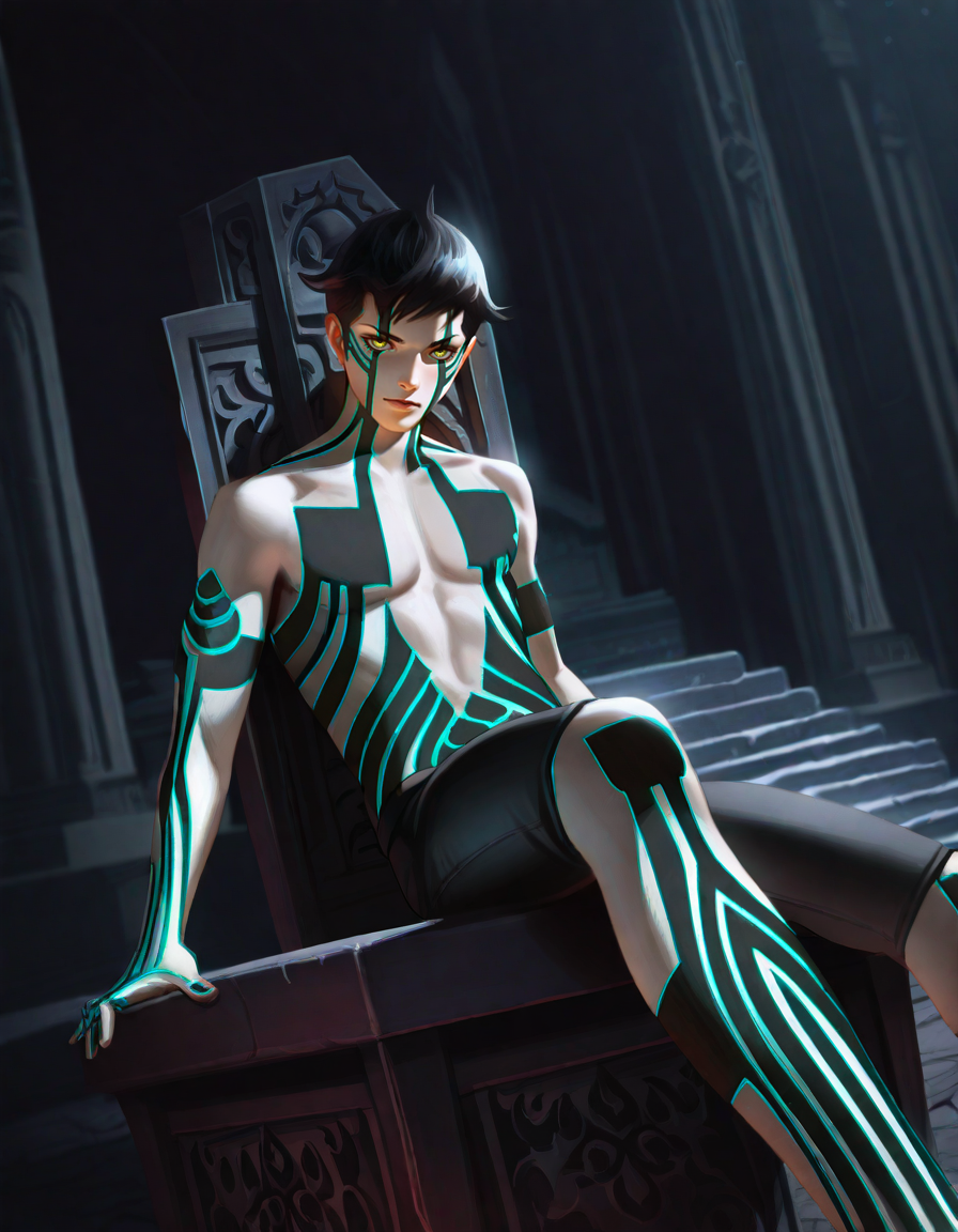Masterpiece, hires, realistic, detailed face and eyes, ultra quality, cel-shaded, sharp lines, dry shading, Beautiful background,   <lora:Shin_Megami_Tensei_III_Demi-Fiend:1> 1boy , solo, demi-fiend, dynamic pose, walking, fury, dutch angle, yellow eye, night, darkness, indoor, absurd temple, neon ancient writings, sitting on throne