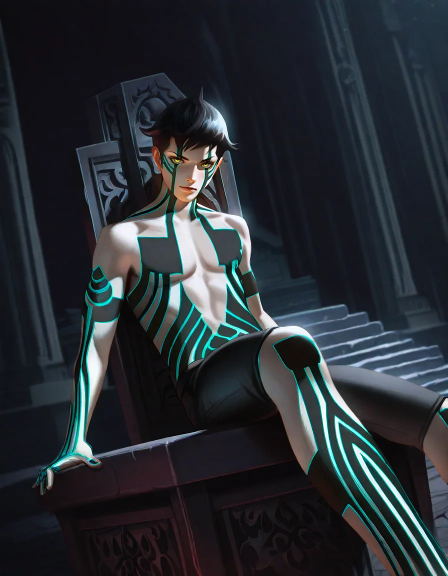 Masterpiece, hires, realistic, detailed face and eyes, ultra quality, cel-shaded, sharp lines, dry shading, Beautiful background, <lora:Shin_Megami_Tensei_III_Demi-Fiend:1> 1boy , solo, demi-fiend, dynamic pose, walking, fury, dutch angle, yellow eye, night, darkness, indoor, absurd temple, neon ancient writings, sitting on throne