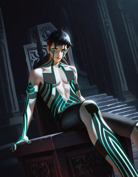 Masterpiece, hires, realistic, detailed face and eyes, ultra quality, cel-shaded, sharp lines, dry shading, Beautiful background, <lora:Shin_Megami_Tensei_III_Demi-Fiend:1> 1boy , solo, demi-fiend, dynamic pose, walking, fury, dutch angle, yellow eye, night, darkness, indoor, absurd temple, neon ancient writings, sitting on throne