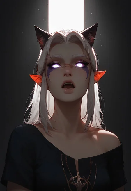 (score_9, score_8_up, score_7_up), Rayla, White Hair, Elf Ears, RayHorns, RayFacepaint, Colored Skin, perfect face, detailed eyes, perfect eyes, sexy, sexy girl, beautiful eyes, perfect cute face, animal ear fluff, animal ears, cat ears, collarbone, fang, grey background, looking at viewer, off shoulder, open mouth, scar, shirt, solo, tail, (dramatic lighting, masterpiece, euphoric, shadows, cinematic lighting, cinematic angle, dramatic angle, godrays, soft color)
