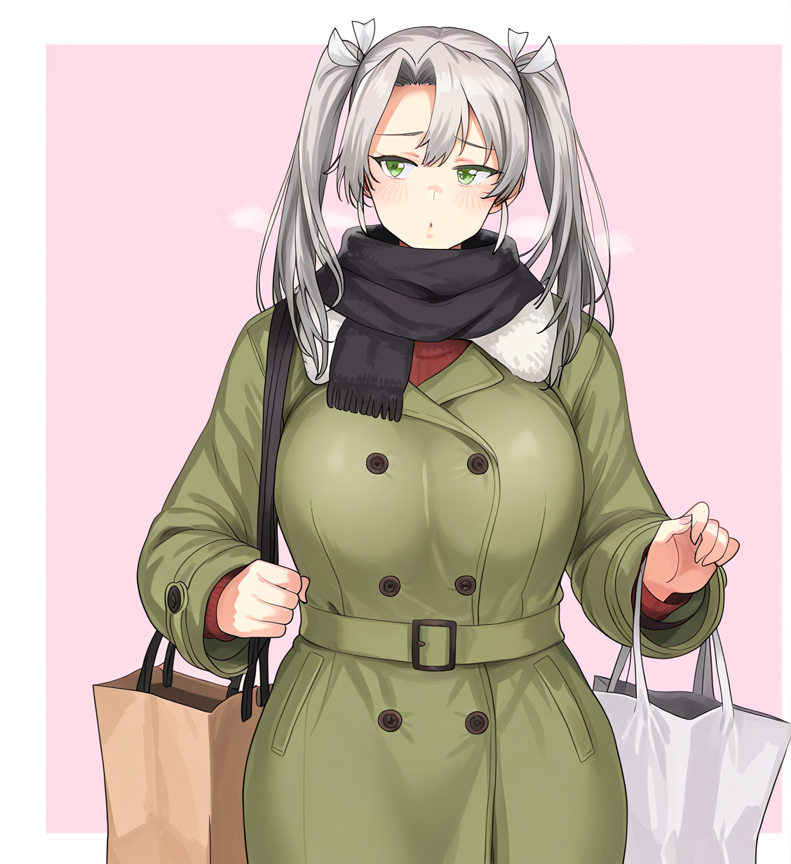 <lora:é¶´äºTsuruiPLANT:1.2>,1girl, (zuikaku \(kancolle\):0.9), huge breasts, wide hips, kantai collection, bag, black scarf, blush, coat, fur-trimmed coat, fur trim, green coat, green eyes, grey hair, hair ribbon, long hair, one-hour drawing challenge, pink background, ribbon, scarf, shopping bag, solo, twintails, two-tone background, upper body, white ribbon, 
very awa, masterpiece, best quality, highres, absurdes,amazing quality,very aesthetic,intricate details, <lora:hand 5.5:1>