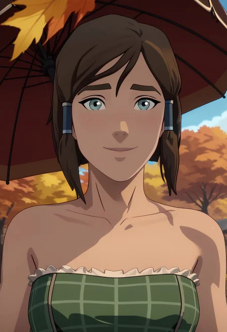 Score_9, Score_8, Score_7, TDPStyle, Korra, hair tubes, 1girl, perfect face, looking at viewer, adult, sexy,
bob cut, inverted bob, plaid clothes, plaid dress, brown dress, green dress, strapless dress, 
umbrella, brown frilled umbrella, 
autumn, autumn leaves, 
blush, shy smile, 
portrait, face focus, detailed face,