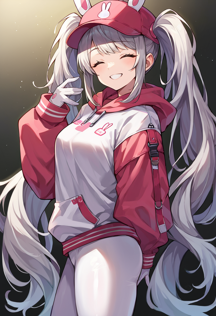 score_9, score_8_up, score_7_up, source_anime BREAK 1girl, solo,<lora:alice-nikke-richy-v1_pdxl:1> alicebunny, twintails, very long hair, grey hair, hat, hoodie, white leggings, white gloves, standing, from side, looking at viewer, closed eyes, smile, teeth, head tilt, fake animal ears
