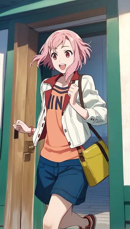 score_9,score_8_up,score_7_up,
<lora:yoshinokoharu:0.9>,
yoshinokoharu,
1girl,solo,pink hair,short hair,bouncing hair,bangs,red eyes,looking ahead,open mouth,teeth,happy,white jacket,orange tank top,character print on tank top,yellow bracelet,carrying a single-strap shoulder bag,upper body,running,front view,outdoors,morning,summer,green door,wall,house,lamp,
