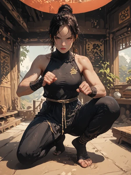 score_8_up, score_7_up, full body view, in a fighting pose, visible hands, dynamic pose, perfect contrasts, high quality textures, perfect hands anatomy, in ancient dojo <lora:Anicomix-Beta-style_ponyXL_LOREVER:0.5> <lora:Hands_SDXL_EauDeNoire:0.8>