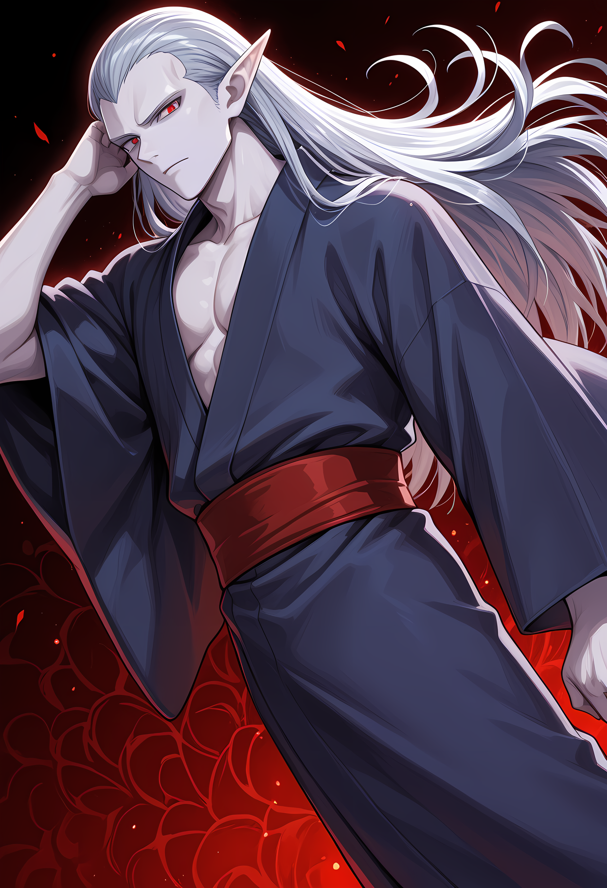 masterpiece, best quality, amazing quality, dutch angle, abstract background, BREAK
1boy, solo, male focus, ct_magus, red eyes, long hair, grey hair, purple skin, pointed ears, yukata, japanese clothing, BREAK
<lora:cfg_scale_boost:.6>  <lora:Magus_-_Chrono_Trigger_-_ILXL:1>