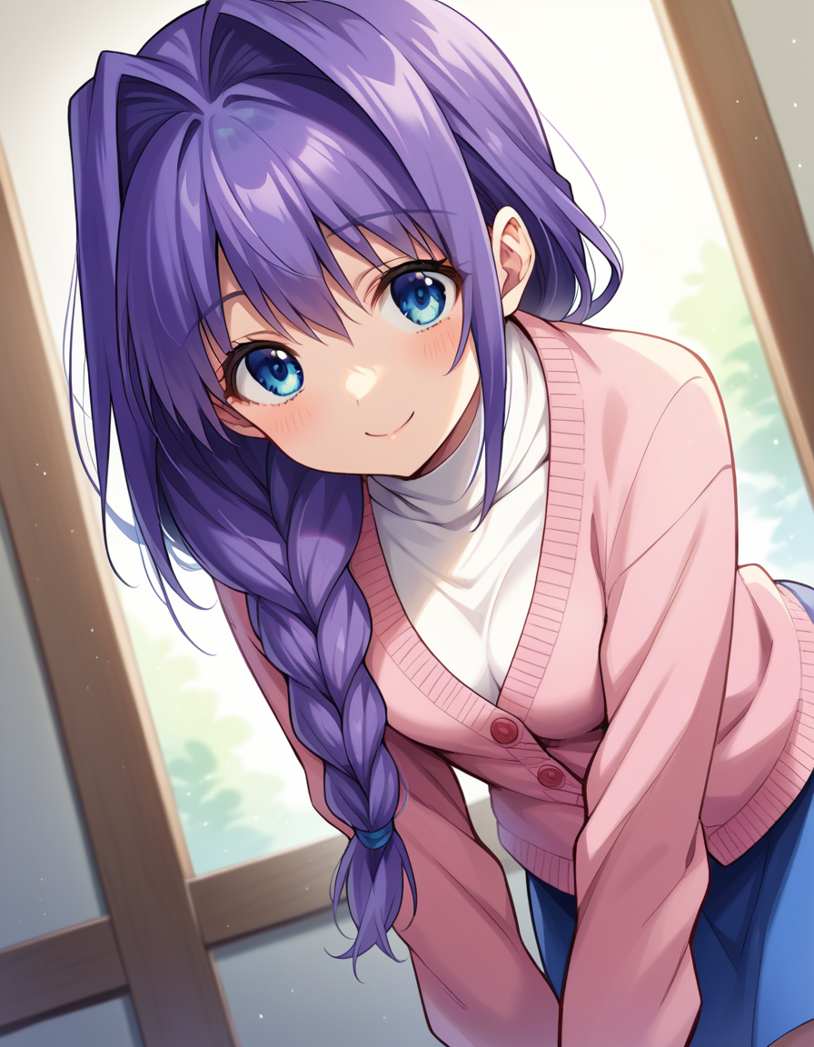 score_9, score_8_up, score_7_up, source_anime,
akikominase, <lora:akiko-minase-ponyxl-lora-nochekaiser:1>,
akiko minase, braid, braided ponytail, hair intakes, hair over shoulder, long hair, single braid, purple hair, blue eyes,
cardigan, long sleeves, pink cardigan, long sleeves, turtleneck, shirt, white shirt, skirt, blue skirt,
indoors, bent over, smile,
solo, looking at viewer, cowboy shot, dutch angle,