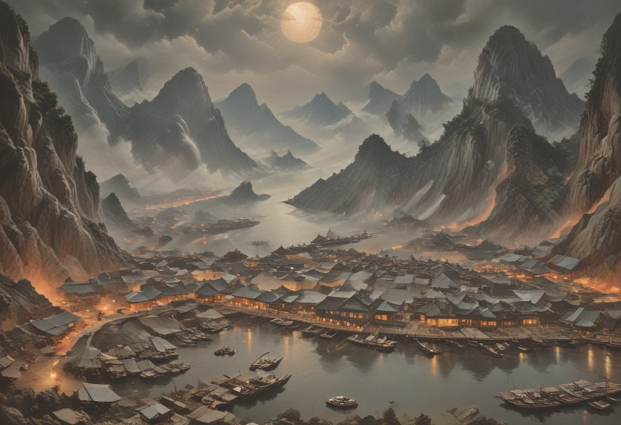 ((score_9, score_8_up, score_7_up, score_6_up)), ((Masterpiece)), (((Ha Long Bay, Halong Bay))), chinese meticulous ink, panorama landscape, dioramas, architecture, ships, wharf, sea, ((night-time, large moon)), dracula japan village, Japan, enchanted fortress and fortified castle, above the clouds, mystical atmosphere, detailed stone and wood walls, bloody mist swirls around, weibo, drawing, intimidating retro 90's, red, black, science fiction, a dark night sky lit by the glow of distant moons and neon lights. rockpunk, yoji shinkawa, James Jean, Ayami Kojima, village, <lora:EnvyPanoramaXL01:0.5>, Hand, detailed, perfect, perfection, hands, India Model, Beautiful, Photorealistic, chinese meticulous ink, illustration