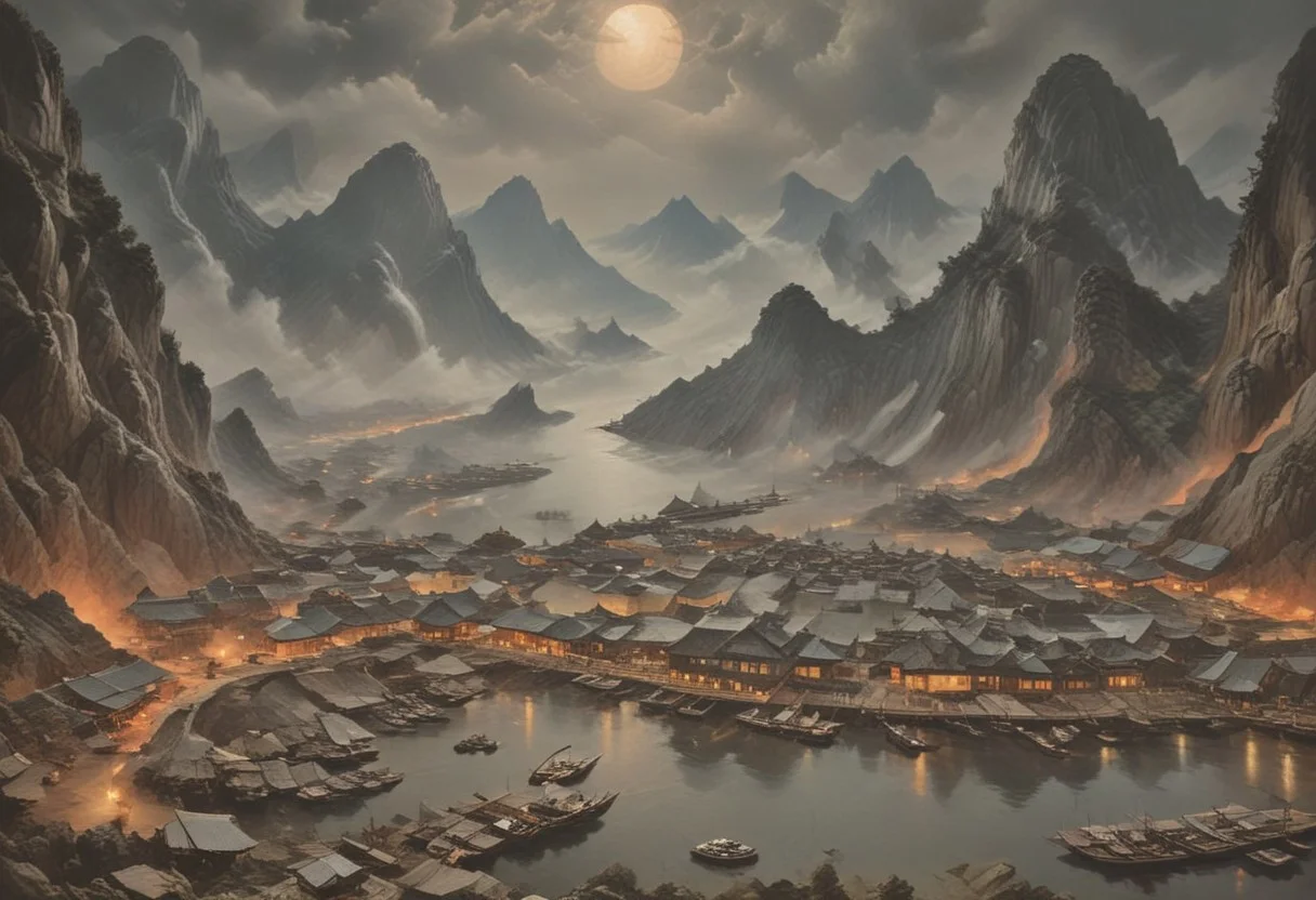 ((score_9, score_8_up, score_7_up, score_6_up)), ((Masterpiece)), (((Ha Long Bay, Halong Bay))), chinese meticulous ink, panorama landscape, dioramas, architecture, ships, wharf, sea, ((night-time, large moon)), dracula japan village, Japan, enchanted fortress and fortified castle, above the clouds, mystical atmosphere, detailed stone and wood walls, bloody mist swirls around, weibo, drawing, intimidating retro 90's, red, black, science fiction, a dark night sky lit by the glow of distant moons and neon lights. rockpunk, yoji shinkawa, James Jean, Ayami Kojima, village, <lora:EnvyPanoramaXL01:0.5>, Hand, detailed, perfect, perfection, hands, India Model, Beautiful, Photorealistic, chinese meticulous ink, illustration