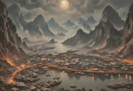 ((score_9, score_8_up, score_7_up, score_6_up)), ((Masterpiece)), (((Ha Long Bay, Halong Bay))), chinese meticulous ink, panorama landscape, dioramas, architecture, ships, wharf, sea, ((night-time, large moon)), dracula japan village, Japan, enchanted fortress and fortified castle, above the clouds, mystical atmosphere, detailed stone and wood walls, bloody mist swirls around, weibo, drawing, intimidating retro 90's, red, black, science fiction, a dark night sky lit by the glow of distant moons and neon lights. rockpunk, yoji shinkawa, James Jean, Ayami Kojima, village, <lora:EnvyPanoramaXL01:0.5>, Hand, detailed, perfect, perfection, hands, India Model, Beautiful, Photorealistic, chinese meticulous ink, illustration