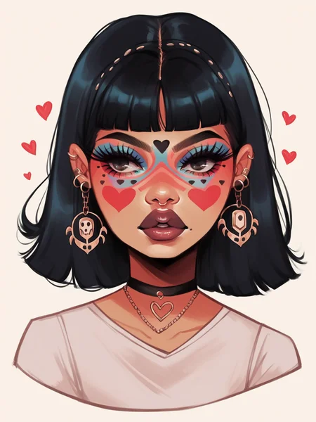 score_9, score_8_up, score_7_up, score_6_up, score_5_up, <lora:nikkileeismeXLP:1> nikkileeisme, 1girl, makeup, facepaint, heart, black hair