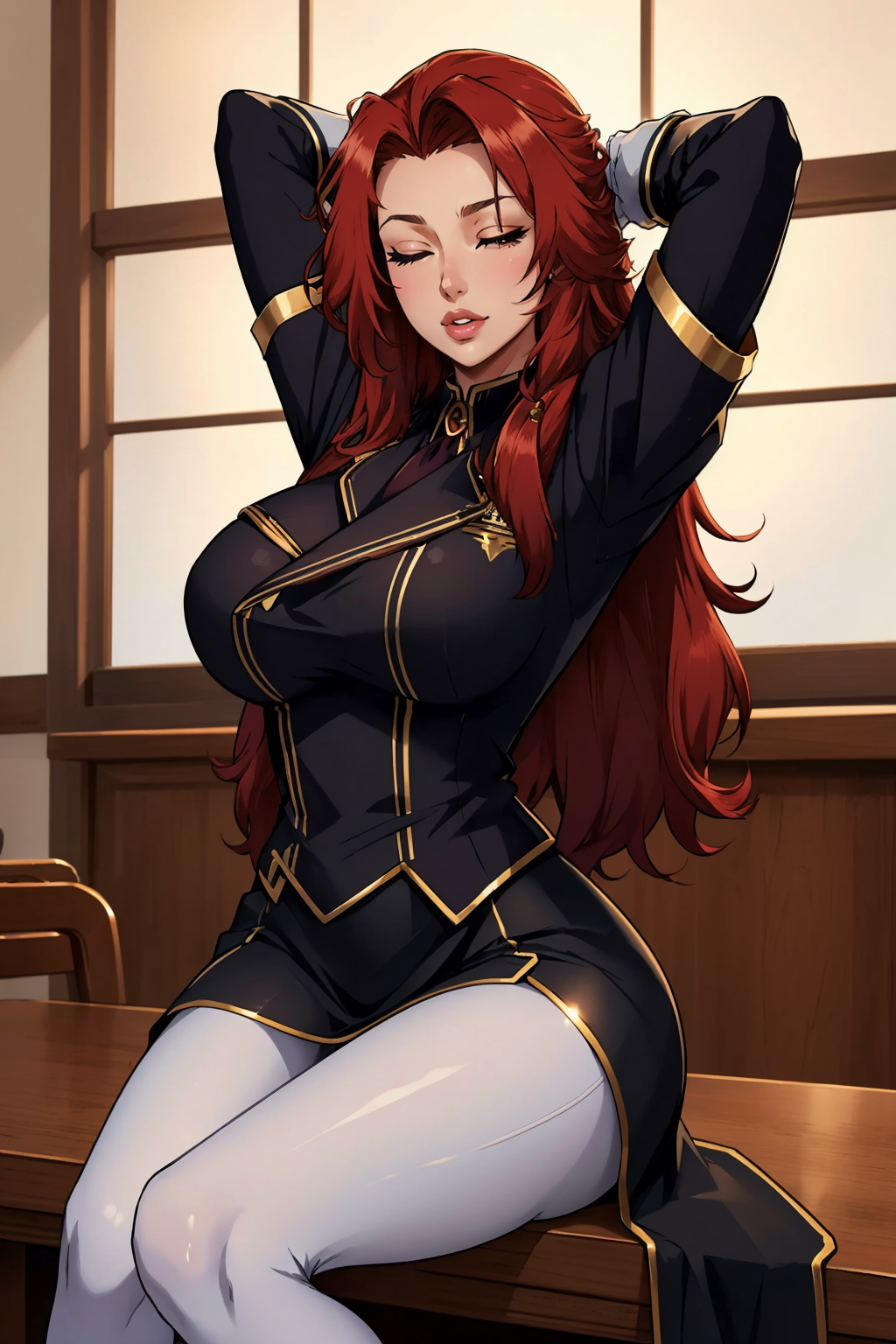 masterpiece, best quality,  <lora:irismidgar-nvwls-v1-000009:0.8> iris midgar, black coat, black uniform, long sleeves, gold trim, black skirt, white pantyhose, white gloves, large breasts, arms behind head, lips, wink, one eye closed, one eye open, sitting, table, mansion