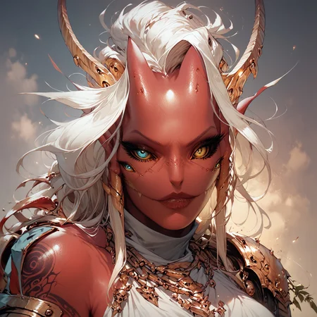 safe_pos, score_9, score_8_up, score_7_up, Zamite, four eyes, horns, high resolution, aesthetic art, red skin, warrior cloth, breasts, tattoos, sesductive, chainmail