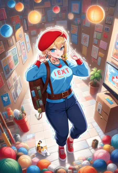 score_9,score_8_up,score_7_up,score_6_up,score_5_up,1girl, score_4_up,source_streetfighter,source_anime,source_game, (cammy_white),street_fighter,blonde_hair,blue_eyes,glowing eyes,cammy white,yrnwrld,tall woman,british flag print,ahoge, short hair,(slit pupils),(bandaged arm),(pale skin),curvy,frown, smile,big eyes,clenching fists,(tongue),wide hips,thick thighs, thick legs,narrow waist,(tattoos:1.4),(tattoo),hairclip,(earrings), red gloves,red beret,hair_ornament,red beret,long braid,cute, (dark blue pants),flag print shirt,blue jacket,long sleeves,gold necklace,backpack,bag,brown belt,gun case,holding cassette, long shirt,red rug,museum,glimmer,artistic paintings,big plant pot,(tiles:1.4),lamps on the wall,wooden wall,exit sign,posters, (sparkles:1.4),neon lights,brochures,(wooden showcase),(hand sign),shiny skin,dynamic pose,indoors,(motion lines:1.4),(thick outlines:1.4),(trembling lines:1.4),sweat,jewelry,steam,(steamy breath),(spoken kitty cat),(bullet belt),((weapons)),(television), masterpiece,best_quality,newest,absurdres,best shadow,light particles,highly detailed background,amazing quality,highly detailed_skin,very_detailed_clothes,power_lines,speed lines, emphasis_lines,very_aesthetic,dynamic_angle,high quality,4k, best shadow,<lora:add-detail-xl:1.5>