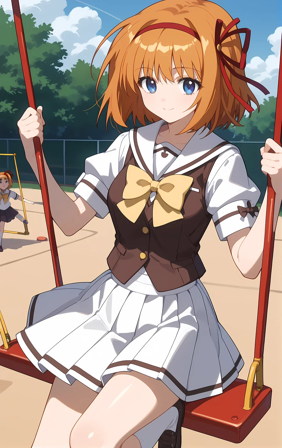 (score_9,score_8_up,score_7_up),light smile, shiny skin,ohwx, 1girl, solo, ribbon, red_ribbon, red_hairband, hair_ribbon, blue_eyes, orange_hair, short_hair, hairband, breasts,school_uniform, bow, yellow_bow, white_sailor_collar, serafuku, white_skirt, yellow_bowtie, vest, bowtie, kneehighs, socks, playground, swing, swinging,<lora:kaede_fuyou_pony_sobsynapse-000003:1>