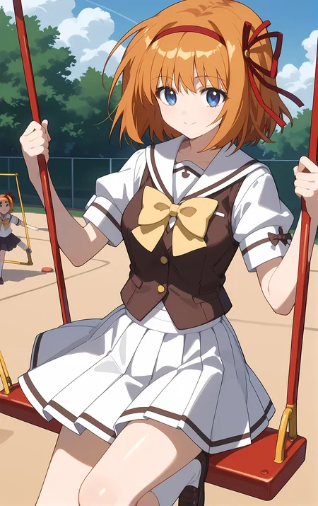(score_9,score_8_up,score_7_up),light smile, shiny skin,ohwx, 1girl, solo, ribbon, red_ribbon, red_hairband, hair_ribbon, blue_eyes, orange_hair, short_hair, hairband, breasts,school_uniform, bow, yellow_bow, white_sailor_collar, serafuku, white_skirt, yellow_bowtie, vest, bowtie, kneehighs, socks, playground, swing, swinging,<lora:kaede_fuyou_pony_sobsynapse-000003:1>