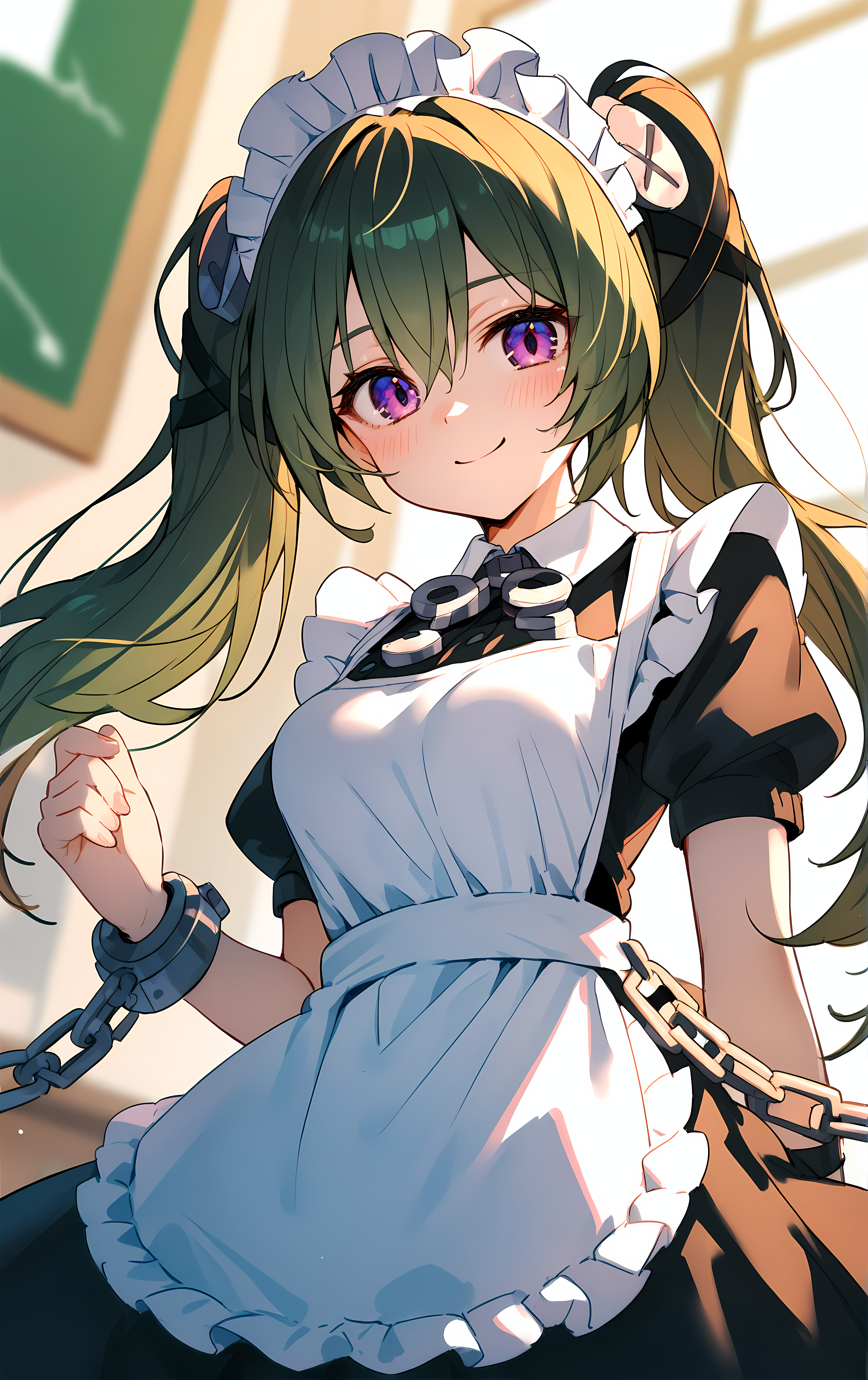 (score_9, score_8_up, score_7_up), blush, smile, closed mouth, medium breasts, shiny skin,
blurry background, upper body, close-up, cowboy shot, dutch angle,
classroom, looking_at_viewer,
corin, 1girl, green_hair, maid_headdress, apron, twintails, solo, purple_eyes, maid, long_hair, short_sleeves, black_dress, dress, maid_apron, puffy_sleeves, white_apron, hair_between_eyes, puffy_short_sleeves, chain, cuffs, wrist_cuffs,
 <lora:corin_wickes_pony_ss:0.9>