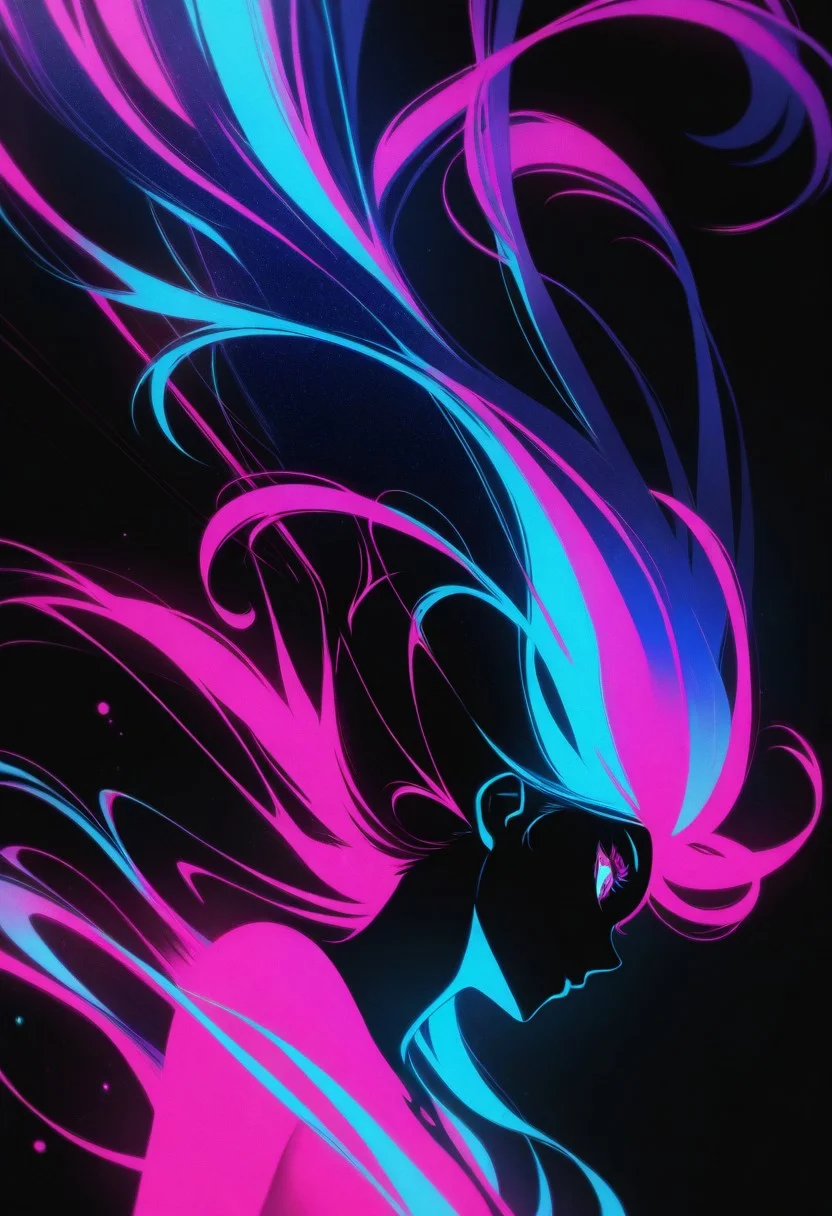 silhouette character, black ink, neon colors, colors splash effect, flowing hair, Masterpiece, clean lines, sharp, focused subject, minimalistic composition, side view, upper body view. blue and pink neon lights, black background, futuristic, Bloodrayne, dynamic motion, dynamic angle, vibrant colour