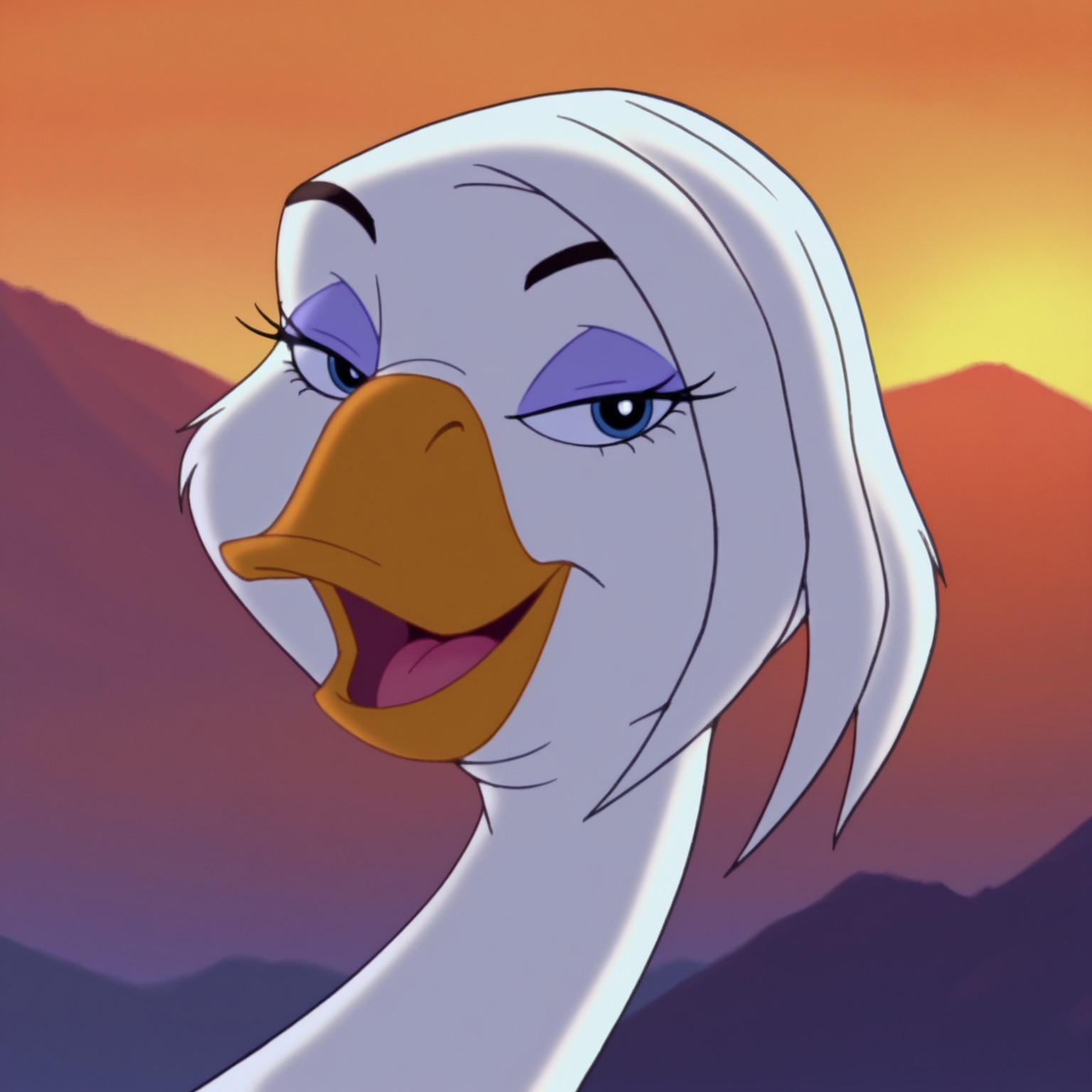 8k, uncensored, masterpiece, best quality, highly detailed, realistic, 1girl, solo, StellaBT, furry, feral, avian, goose, white hair, short hair, feather hair, black eyebrows, dark-blue eyes, black pupils, eyelashes, light-purple eyeshadow, orange beak, white body, close-up, face focus, smile, open mouth, tongue, head turned sideways, looking at viewer, narrowed eyes, (looking at viewer, sunset, mountains, outdoors, detailed background, front view, upper body, (seductive look)