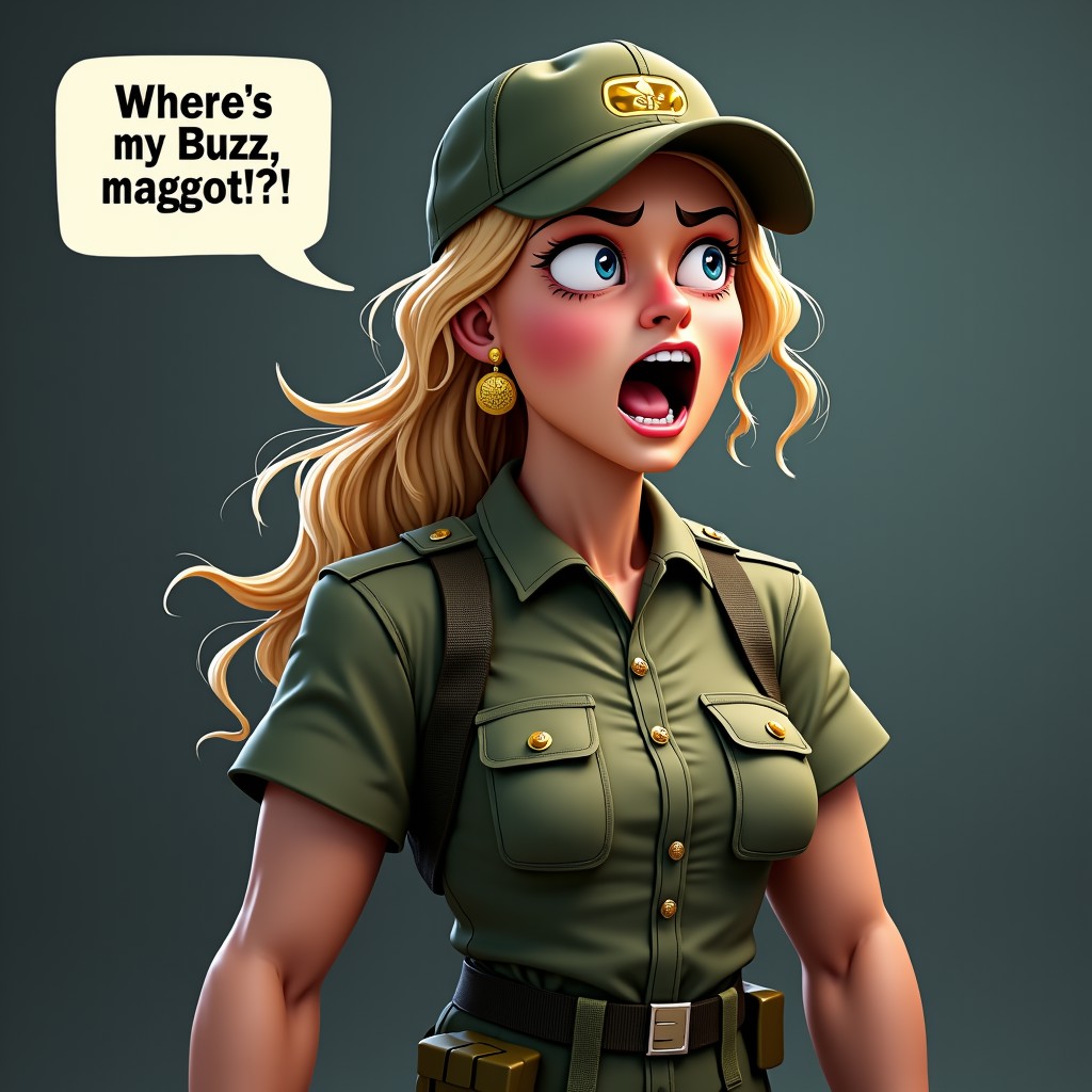 1woman, (solo, alone), (long curly blonde hair, ponytail, flowing down back), blue eyes, pale skin, muscular body, clothes (Olive Military shirt, Tactical vest, Tactical straps, gun holster, Military Cargo Pants, Sergeant Cap). Angry expression, speech bubble (Text: "Where's my Buzz, maggot?!"), shouting, screaming,