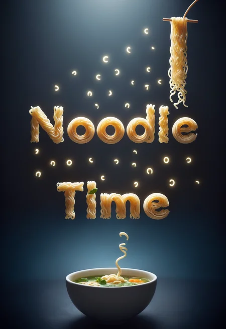 text "Noodle Time", floating in bowl of Asian soup, decorated cute innocent, romantic, dynamic dramatic atmosphere, intricate, elegant, highly detailed, professional composition,, sharp focus, beautiful, mystical, iconic, fine light, deep colors, ambient background, epic cinematic, pristine, enhanced, best, creative, positive, joyful, unique, pure
