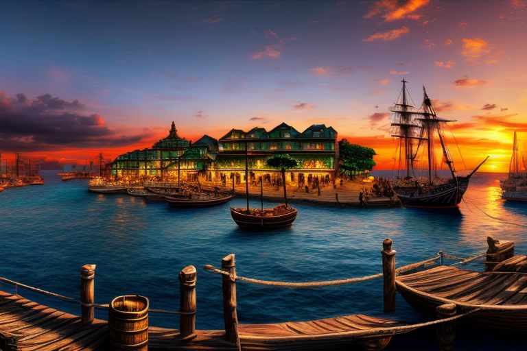 (masterpiece:1.2), (best quality,:1.2), 8k, HDR, ultra detailed, ((photorealistic)), perfect anatomy, professional light, cinematic lighting, fashion photography, ambient lighting, pire, ships, pier, outside a tavern over looking a busy harbor in the caribbean, colorful sunset