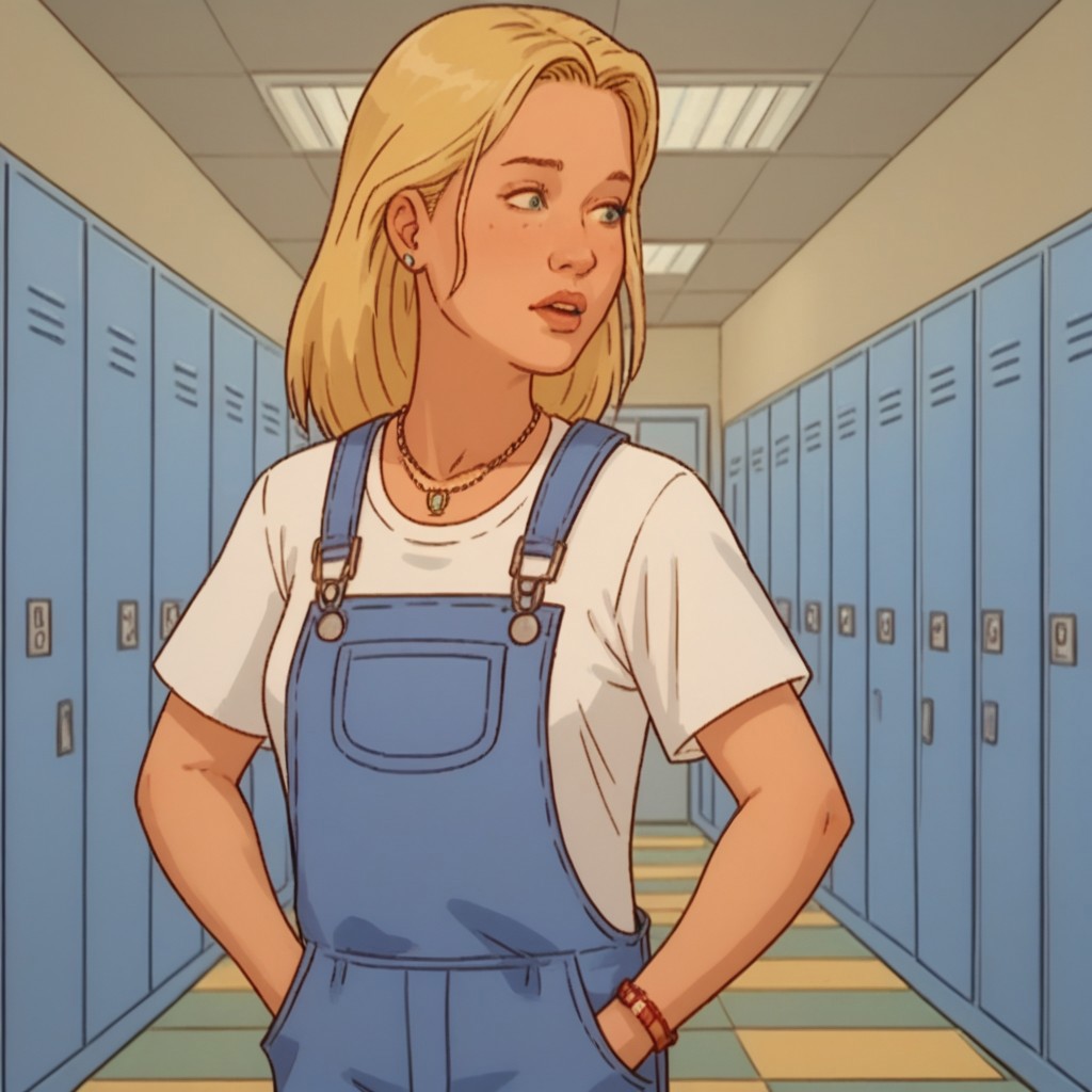 score_8, score_9, break, marie_koth, 1girl, blonde hair, necklace, white shirt, overalls, hands in pockets, hallway, lockers