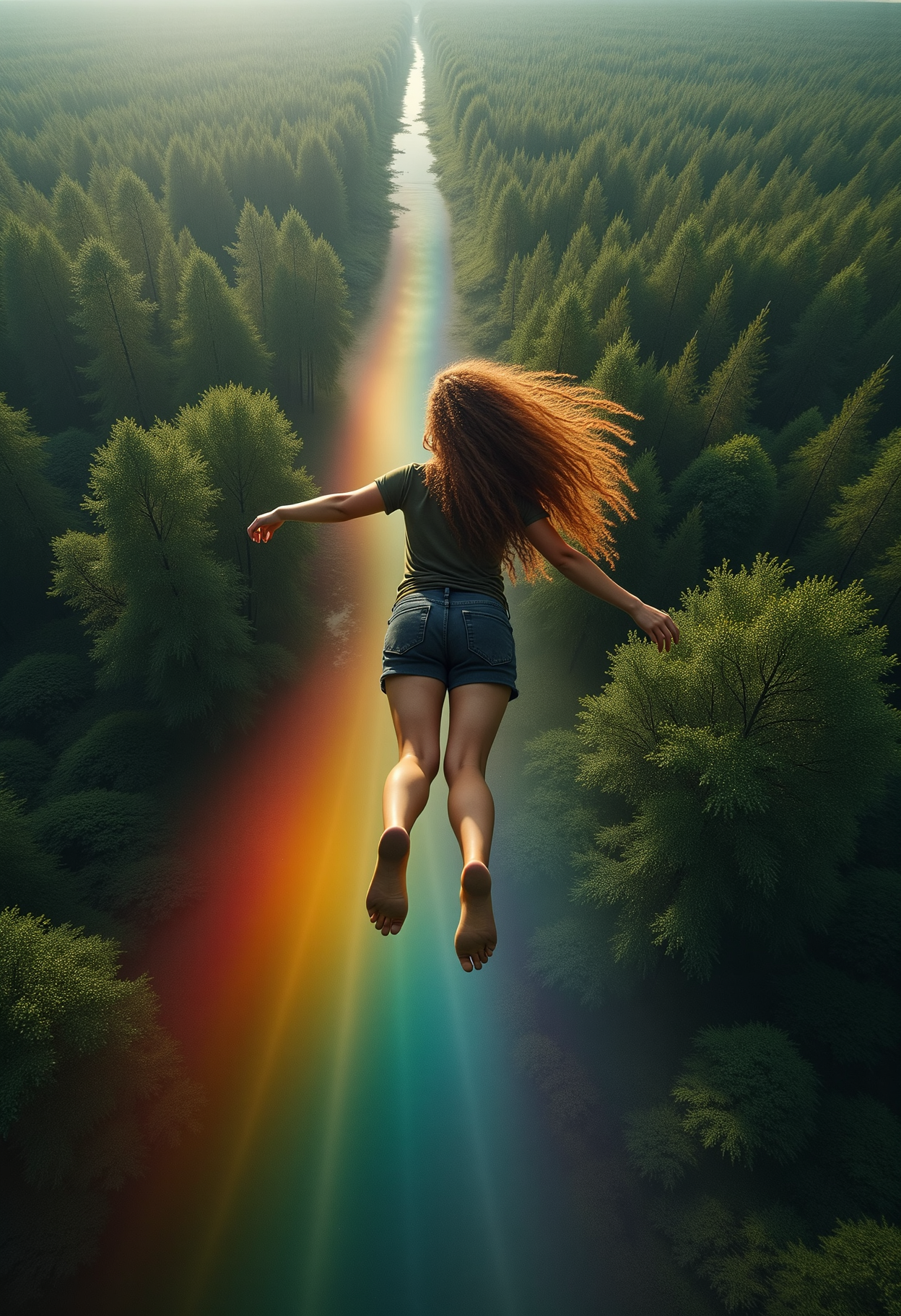 drone shot from above captures a woman with exaggerated long flowing curly hair riding a rainbow. her feet stretched behind she's body-gliding on a translucent rainbow wave. on the ground lush green forests stretch as long as the eye can see <lora:Dever_Flux_Enhancer:0.5>