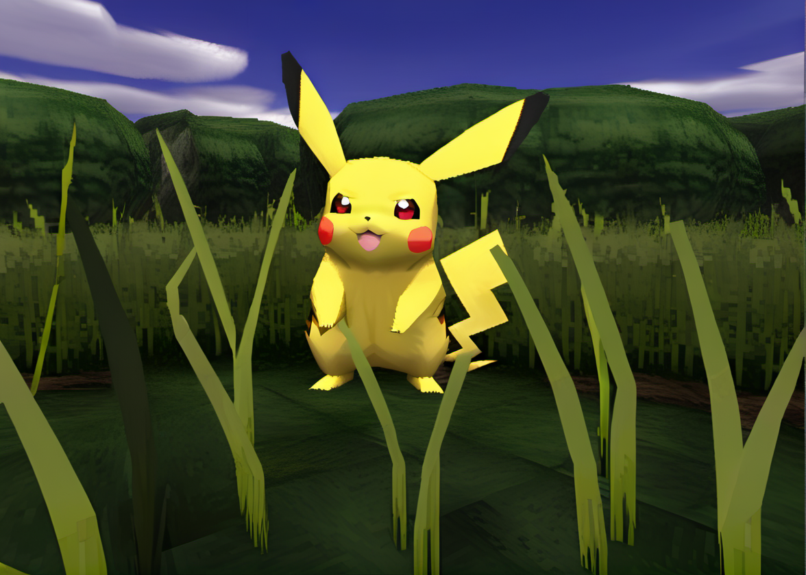 pikachu in the tall grass, (ps1 style:1),  <lora:ps1_style_SDXL_v1:1>, (game screenshot), (computer generated image)