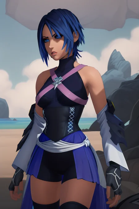 Highly detailed, High Quality, Masterpiece, <lora:[Floor]KHAqua:.8>, <lora:Afrobull [MockAi - v1.0]:.8>, cell shading, simple shading, colorful, clean lineart, solo, KH-Aqua, blue eyes, blue hair, short hair, arm armor, pink torso strap, chest ornament, dark blue halter turtleneck, young woman, blue skirt with white ribbons, grey fingerless gloves, black shorts, black thighhighs