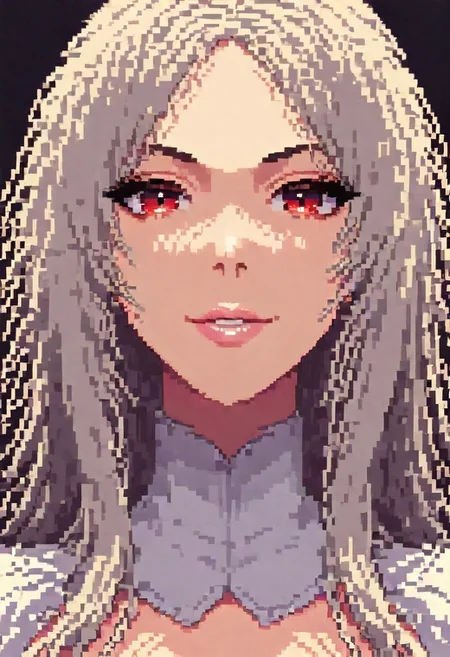 pixeldream, Expressiveh, 1girl, long hair, red eyes, close up, sultry smile, lips,