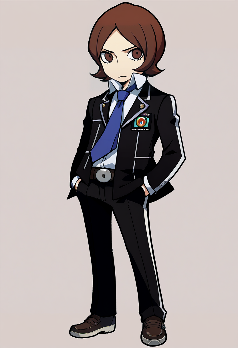 score_9, score_8_up, score_7_up, source_anime, BREAK, solo, 1boy, looking at viewer, <lora:PQ-Style-pdxl_Fp:1>, simple background, full body, chibi, standing, <lora:Tatsuya-pdxl_Fp:1>, tatsuyais, brown hair, brown eyes, short hair, school uniform, collared shirt, blue necktie, black jacket, black pants, belt, hand in pocket,