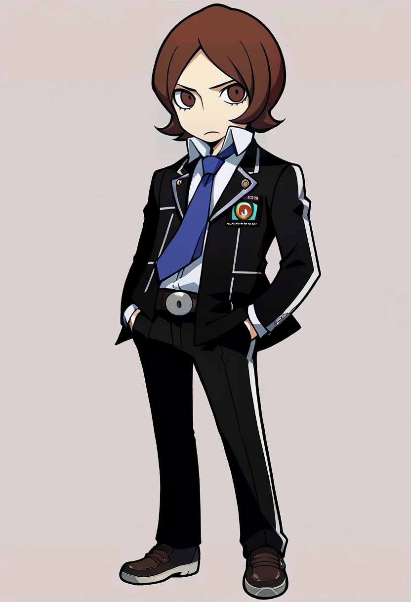 score_9, score_8_up, score_7_up, source_anime, BREAK, solo, 1boy, looking at viewer, <lora:PQ-Style-pdxl_Fp:1>, simple background, full body, chibi, standing, <lora:Tatsuya-pdxl_Fp:1>, tatsuyais, brown hair, brown eyes, short hair, school uniform, collared shirt, blue necktie, black jacket, black pants, belt, hand in pocket,