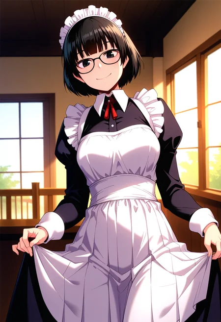 masterpiece, best quality, amazing quality, 1girl, solo, cowboy shot, ayakaww, jimiko, black eyes, black hair, medium hair, glasses, medium breasts, black-framed eyewear, maid, maid headdress, long dress, long sleeves, puffy sleeves, juliet sleeves, maid apron, looking at viewer, smile, indoors, day, skindentation, detailed clothing folds, depth of field, sharp, high contrast, dynamic light <lora:Koroue_Ayaka_Killer_Queen_ill:0.9>