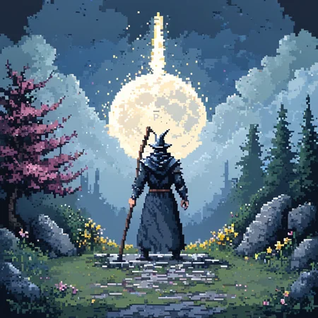 <lora:Pixel_Art_Styles:1> ArsMJStyle, Pixel Art, fewP, The man is holding a stick in his hand suggesting he is a wizard. The image is a pixel art style giving it a unique and vibrant look., moon, scenery, outdoors, tree, holding, solo, sky, standing, 1other, from behind, staff, stairs, night, weapon, hood, grass, cherry blossoms, rock, ambiguous gender, holding staff
