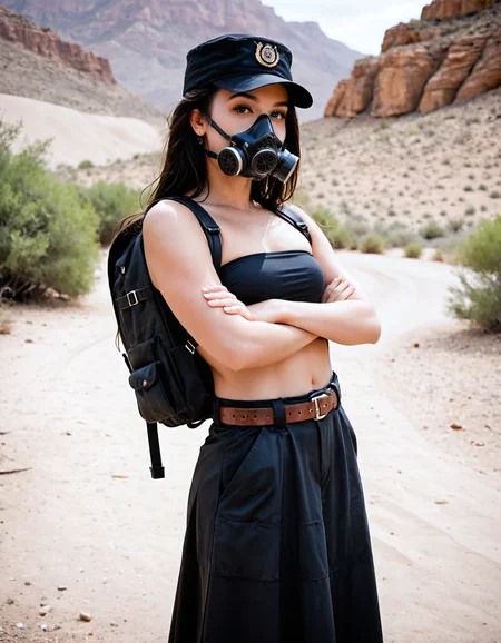 score_9_up, score_9, score_8_up, score_8, score_7_up, Melissa, Upper body photo. 1girl walkng through the desert. (Wearing a black spandex tube top, long skirt with cargo pockets, military desert camoflauge boonie hat, and gas mask:1.2). Backpack straped to her back. Carrying a gun. Lots of straps and belts holding pistol, flashlight and canteen strapped to her body. Professional photo. Highly detailed beautiful expressive eyes. Detailed clean soft delicate face. Sunny Day. 35mm photograph, film, bokeh, professional, highly detailed dynamic lighting, photorealistic, 8k, raw, rich, intricate details, realistic, realism. <lora:Melissa_Not_a_Real_Person:1>