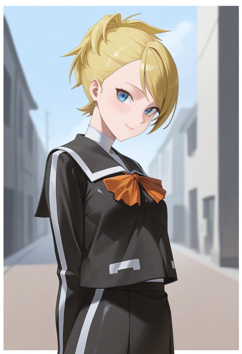 (best_quality, detailed, masterpiece, very_aesthetic, absurdres), general, m.q \(mqkyrie\), (zuharu:0.5)
BREAK
1girl, small breasts, upper_body, adult, ambient occlusion, ray tracing, shiny skin, blurry background, shadow
BREAK
l1s4p2, blonde hair, short hair, ponytail, blue eyes, black school uniform, long sleeves, orange ribbon, skirt, knee socks