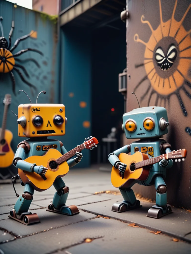 [photo focus on  2 robots playing guitar, wig,  boxy, one-eye, spiderbot in background
 <lora:Robopop:0.7>, film, professional, 4k, highly detailed, absurdres, detailed, macro details, 8k, hyper realistic, texture surface details] logo in grafitti style font