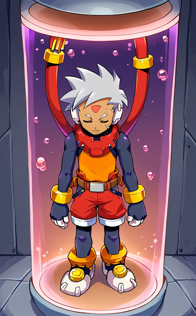 score_9,score_8_up,. score_7_up,score_6_up,score_5_up,score_4_up,source_anime BREAK <lora:vent_Grey:1>,grey \(mega man\),solo,closed eyes,1boy,male focus,gloves,shorts,full body,red shorts,grey hair,bodysuit,dark skin,forehead jewel,belt,(cable:0.8),robot ears,facial mark,fingerless gloves,bracelet,pantyhose under shorts,(pantyhose:0.6),dark-skinned male,shirt,orange shirt,<lora:Stasis Tank v6:1> BREAK (stasis tank:1.2),(floating:1.2),air bubble,in container,(hanging:1.2),