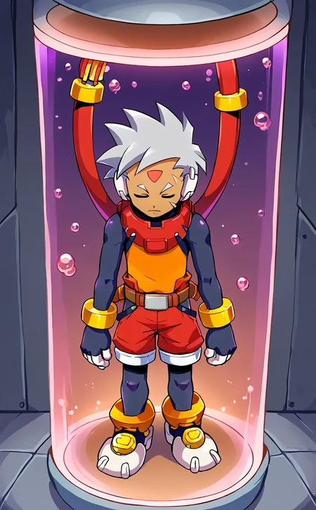 score_9,score_8_up,. score_7_up,score_6_up,score_5_up,score_4_up,source_anime BREAK <lora:vent_Grey:1>,grey \(mega man\),solo,closed eyes,1boy,male focus,gloves,shorts,full body,red shorts,grey hair,bodysuit,dark skin,forehead jewel,belt,(cable:0.8),robot ears,facial mark,fingerless gloves,bracelet,pantyhose under shorts,(pantyhose:0.6),dark-skinned male,shirt,orange shirt,<lora:Stasis Tank v6:1> BREAK (stasis tank:1.2),(floating:1.2),air bubble,in container,(hanging:1.2),