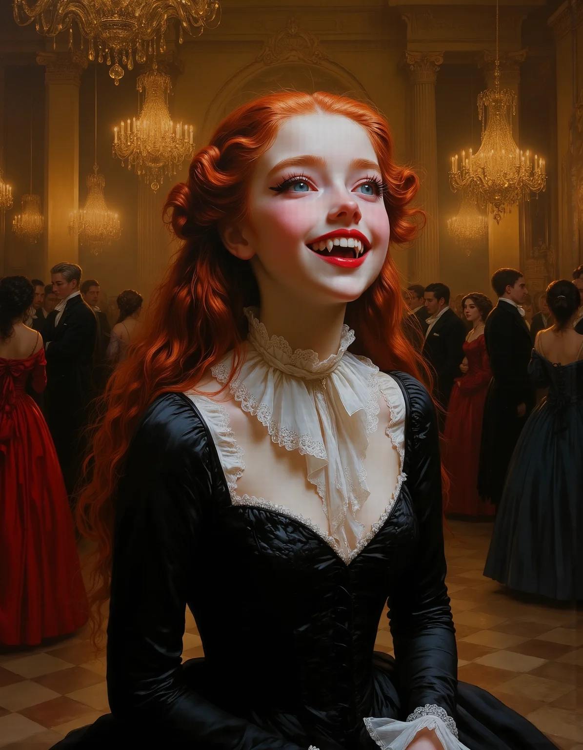 masterpiece, high quality, Oil Painting, Hyper-realistic, close-up of a distinguished young teen Victorian vampire girl, impeccably dressed in a finely tailored midnight-black frock dress with subtle crimson accents, enters a grand ballroom with exuberant delight. Her embroidered with intricate gothic patterns, catches the golden glow of ornate chandeliers suspended high above. Her neatly styled long hair frames a pale but lively face, where sharp fangs flash in an open, joyous smile. In one gloved hand is lifted, as she courtseys adding to her sophisticated air. The ballroom is filled with elegantly dressed guests, their gowns sweeping the polished marble floor, as musicians play a lively waltz in the corner. The vampire's presence is welcomed warmly, with nobles and ladies curtsying and bowing, their expressions a mix of fascination and delight. The scene is opulent, rich with deep velvets, gilded mirrors, and soft candlelight reflecting off crystal chandeliers, evoking the grandeur of Victorian society. The vampire, a creature of charm and etiquette, fully embraces the merriment, an eternal night of celebration unfolding before her. Her face is a pale, almost translucent white, with lips painted a vivid red. The lips are slightly parted, revealing sharp, gleaming white fangs. Her long red hair cascades around her face. Enchanted blue eyes. She is wearing a tight black dress, featuring a tightly corseted bodice. Her dress is simple yet regal, radiating understated beauty. brush strokes, warm light, magic, extremely coherent, cute, beautiful, cinematic, stunning, creative, positive, cheerful, unique, cool, inspiring, pure, rational, very inspirational, friendly, thought, glowing, magical, perfect, intricate, wonderful, lovely, del1cate_balance style, in the style of Rembrandt. vantablack <lora:style_of_Rembrandt_FLUX_135:.8> <lora:- Flux1 - vanta_black_V2.0:.8> <lora:Delicate_Balance:.3> <lora:neeeg_f1:-1> <lora:FluxF4ngs:.8>